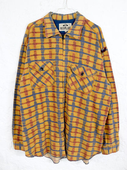 Vintage 80s 90s REPLAY shirt long sleeve checked yellow zipper XL