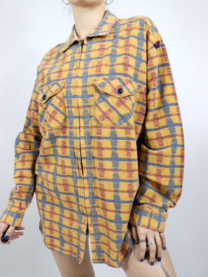 Vintage 80s 90s REPLAY shirt long sleeve checked yellow zipper XL