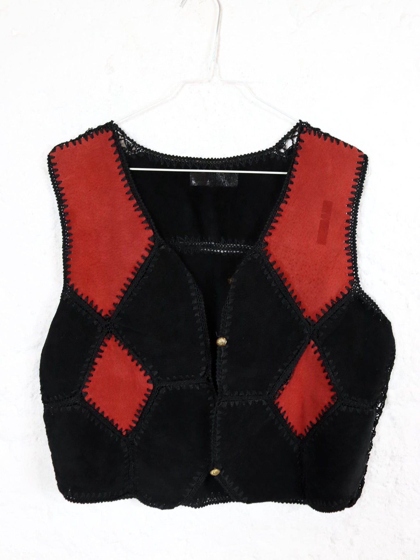 Vintage 80er 90er Wildlederweste Weste gehäkelt schwarz rot S/M