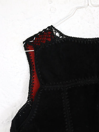 Vintage 80er 90er Wildlederweste Weste gehäkelt schwarz rot S/M