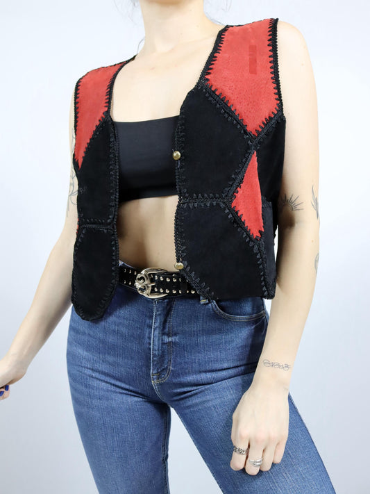 Vintage 80s 90s suede vest crocheted black red S/M