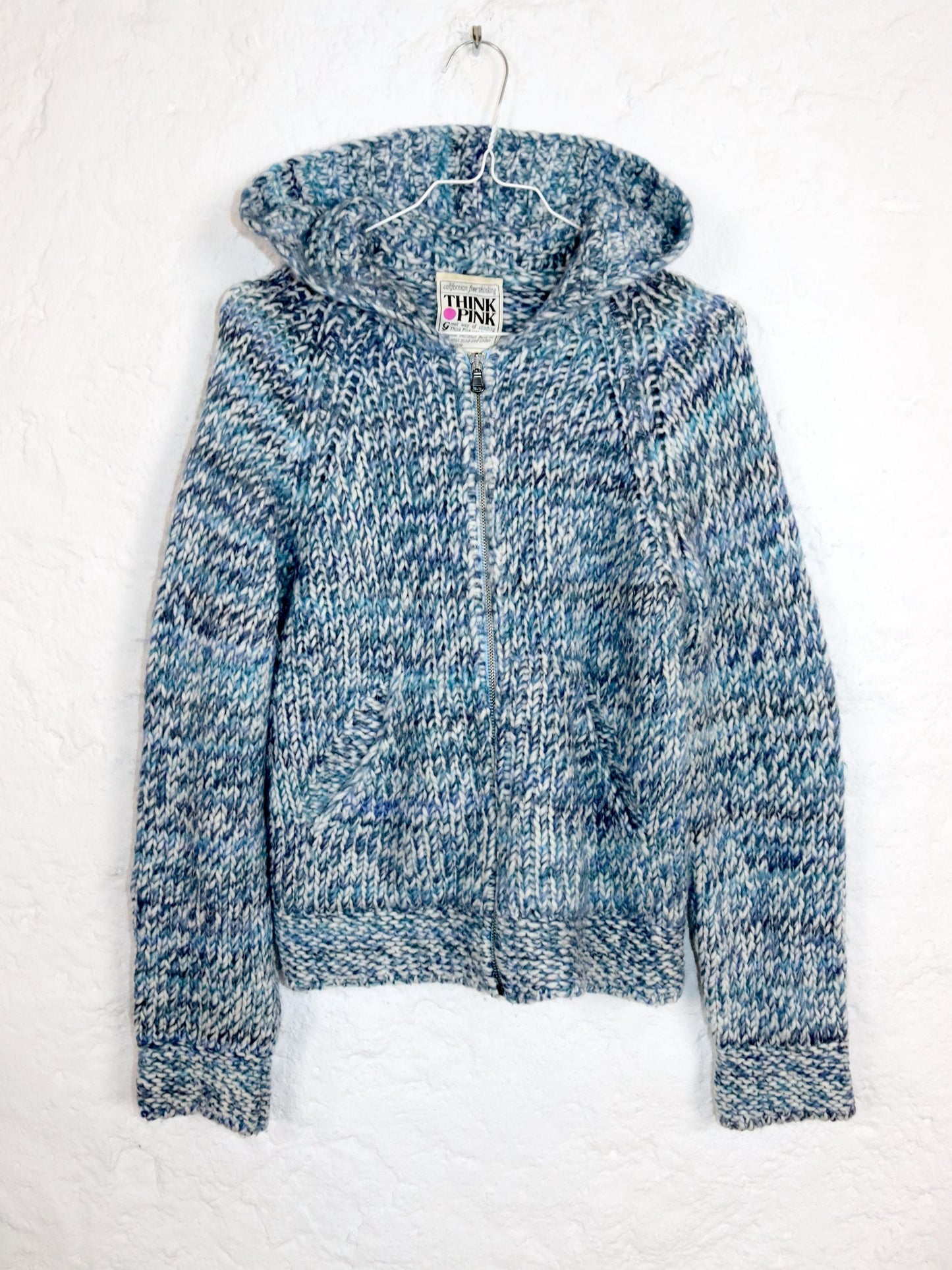 Vintage 80s 90s THINK PINK cardigan wool alpaca wool jacket hood blue white 38