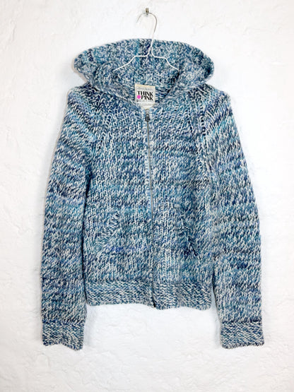 Vintage 80s 90s THINK PINK cardigan wool alpaca wool jacket hood blue white 38
