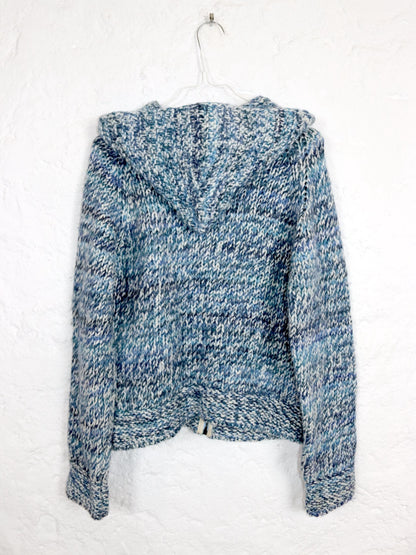 Vintage 80s 90s THINK PINK cardigan wool alpaca wool jacket hood blue white 38