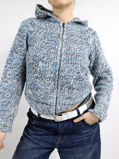 Vintage 80s 90s THINK PINK cardigan wool alpaca wool jacket hood blue white 38