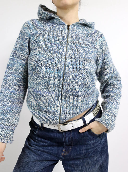 Vintage 80s 90s THINK PINK cardigan wool alpaca wool jacket hood blue white 38