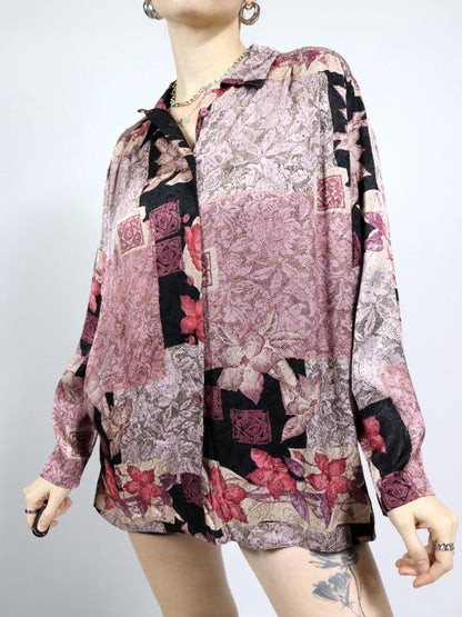 Vintage 80s 90s blouse long sleeve crazy pattern shiny 40