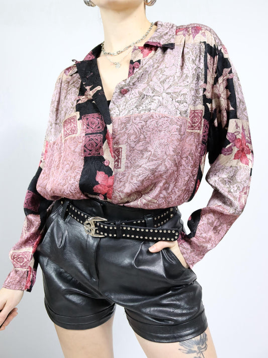 Vintage 80s 90s blouse long sleeve crazy pattern shiny 40