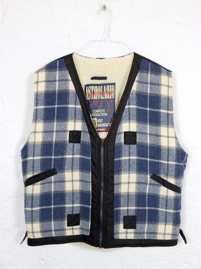 Vintage 80er 90er ASTROLABIO Weste gefüttert Wollweste kariert blau XL