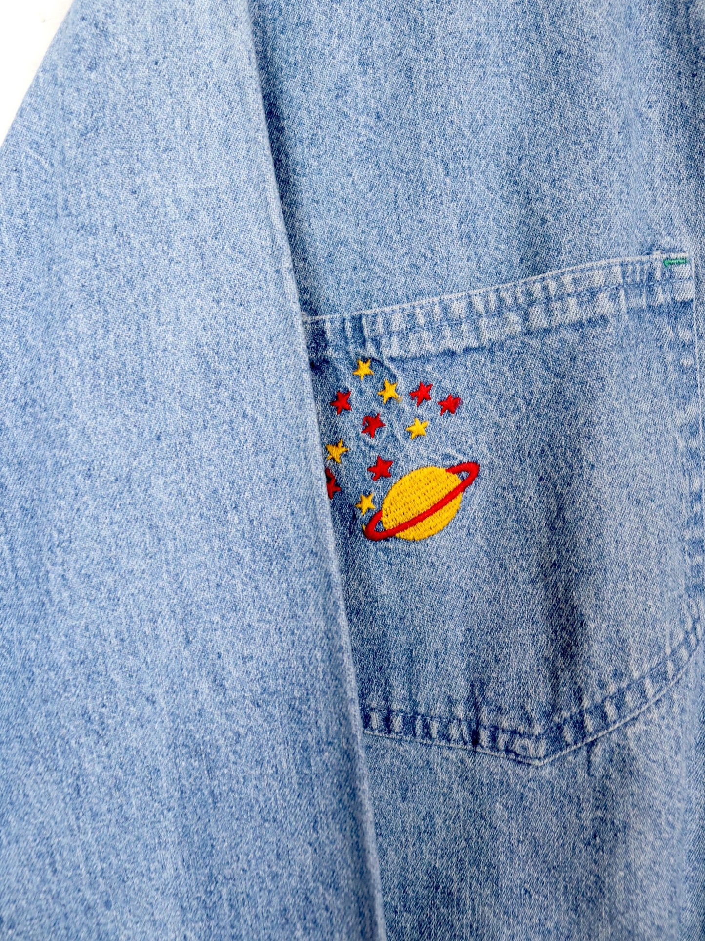 Vintage 80s 90s TOP FIVE denim shirt light blue embroidery planet stars S