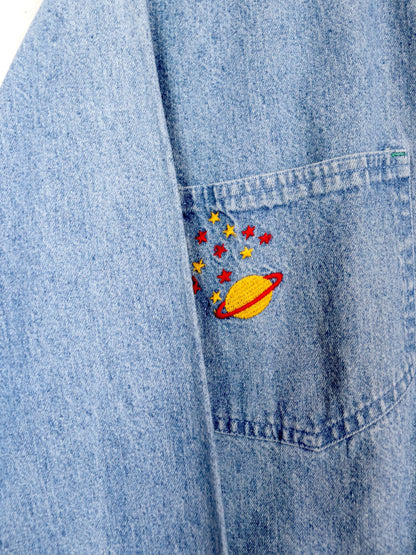Vintage 80s 90s TOP FIVE denim shirt light blue embroidery planet stars S