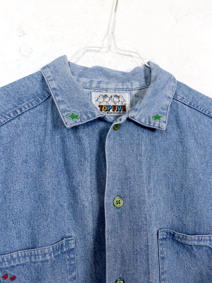 Vintage 80s 90s TOP FIVE denim shirt light blue embroidery planet stars S