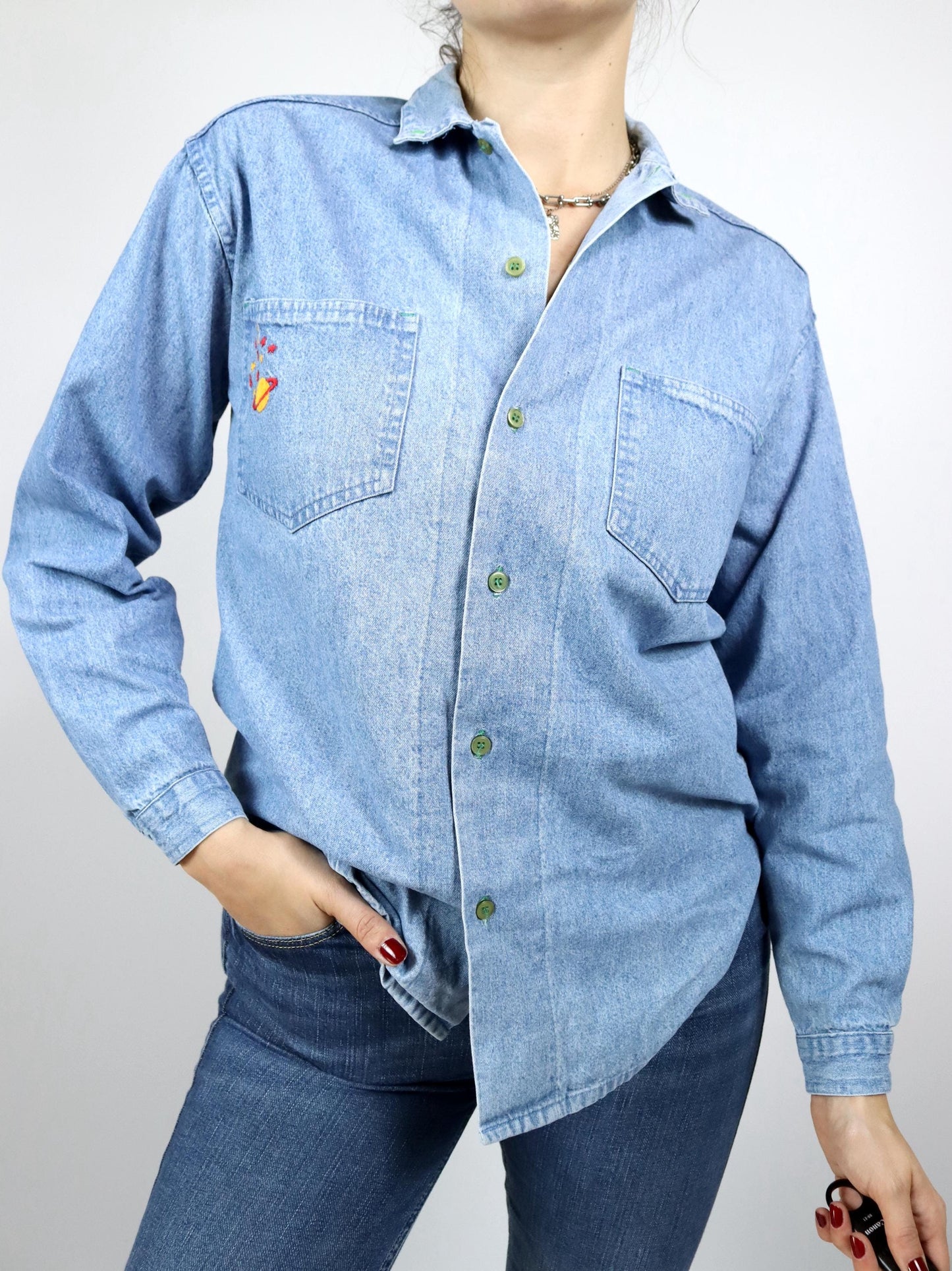 Vintage 80s 90s TOP FIVE denim shirt light blue embroidery planet stars S