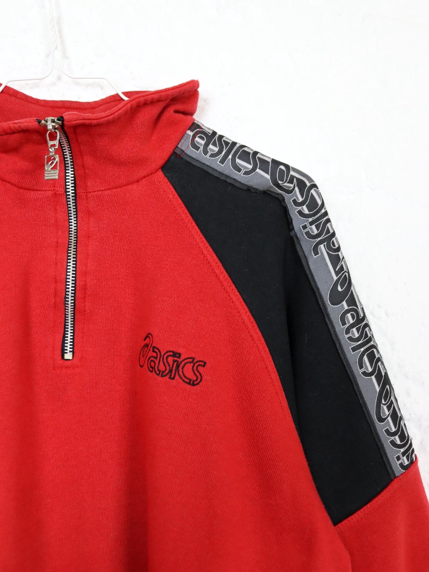 Vintage 80er 90er ASICS Sweatshirt Pullover Stehkragen rot schwarz 152 XS