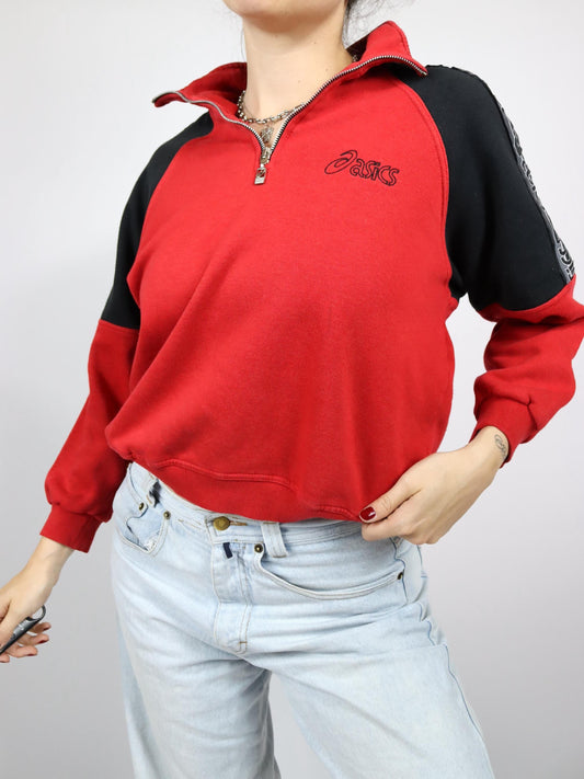 Vintage 80er 90er ASICS Sweatshirt Pullover Stehkragen rot schwarz 152 XS