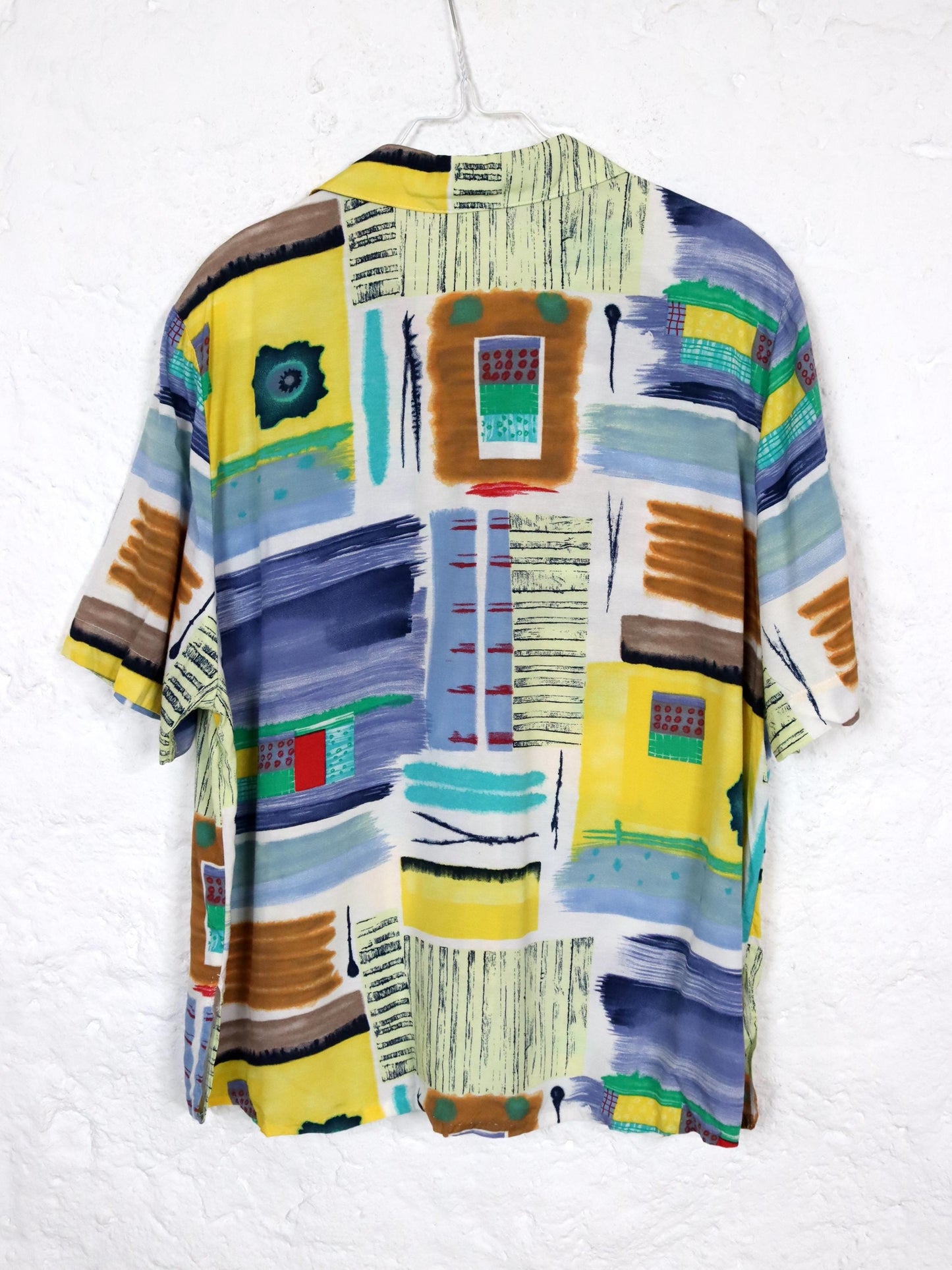 Vintage 80s 90s blouse short sleeve crazy pattern colorful shoulder pads 46 XL