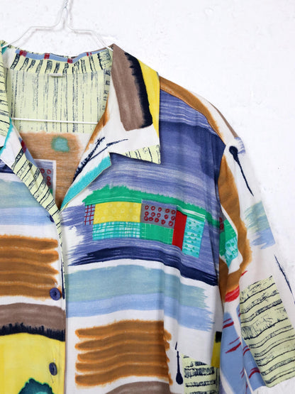 Vintage 80s 90s blouse short sleeve crazy pattern colorful shoulder pads 46 XL