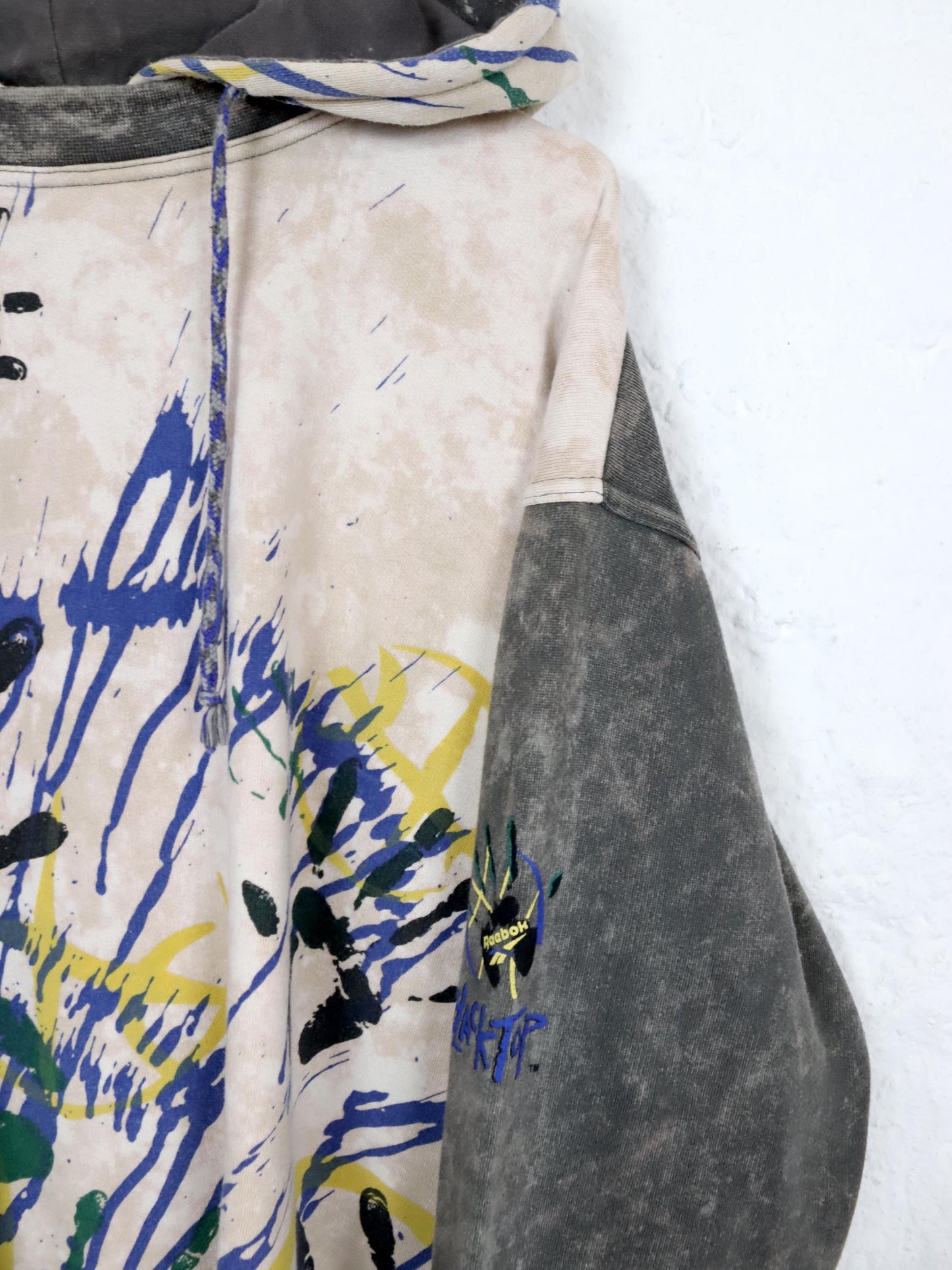 Vintage 80er 90er REEBOK BLACKTOP Hoodie Pullover crazy pattern Batik blau gelb grau M
