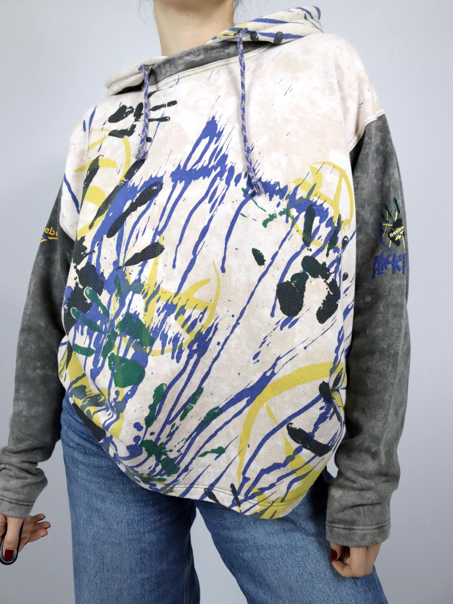 Vintage 80er 90er REEBOK BLACKTOP Hoodie Pullover crazy pattern Batik blau gelb grau M