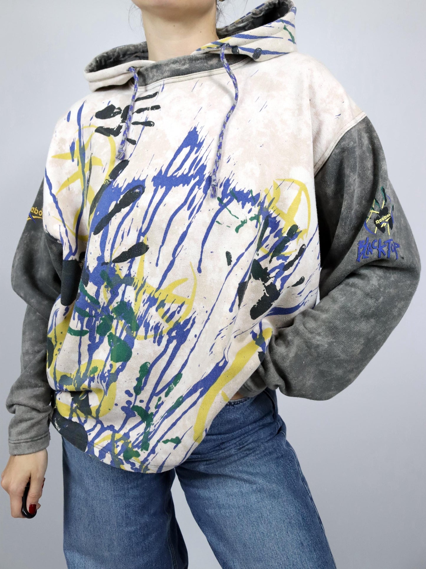 Vintage 80er 90er REEBOK BLACKTOP Hoodie Pullover crazy pattern Batik blau gelb grau M