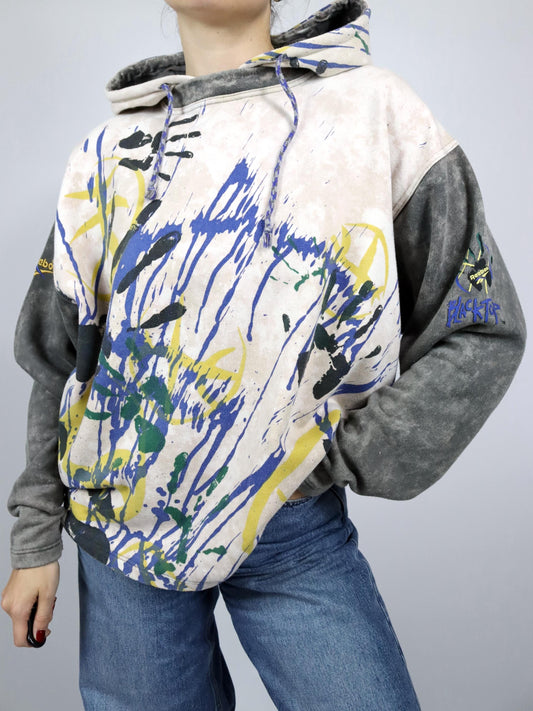 Vintage 80er 90er REEBOK BLACKTOP Hoodie Pullover crazy pattern Batik blau gelb grau M