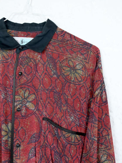 Vintage 80er 90er MR. CIRCUS Bluse Hemd langarm glänzend crazy pattern Viskose rot schwarz M