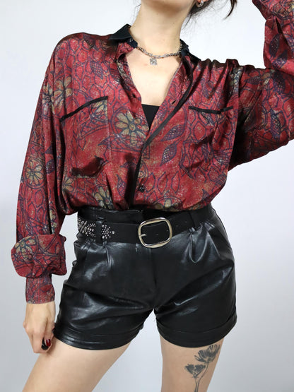 Vintage 80er 90er MR. CIRCUS Bluse Hemd langarm glänzend crazy pattern Viskose rot schwarz M
