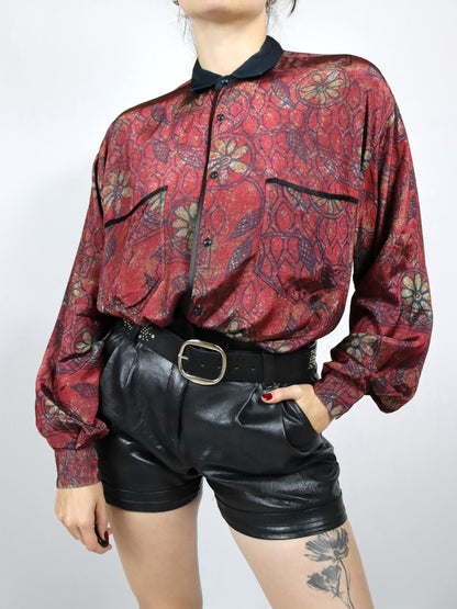Vintage 80er 90er MR. CIRCUS Bluse Hemd langarm glänzend crazy pattern Viskose rot schwarz M