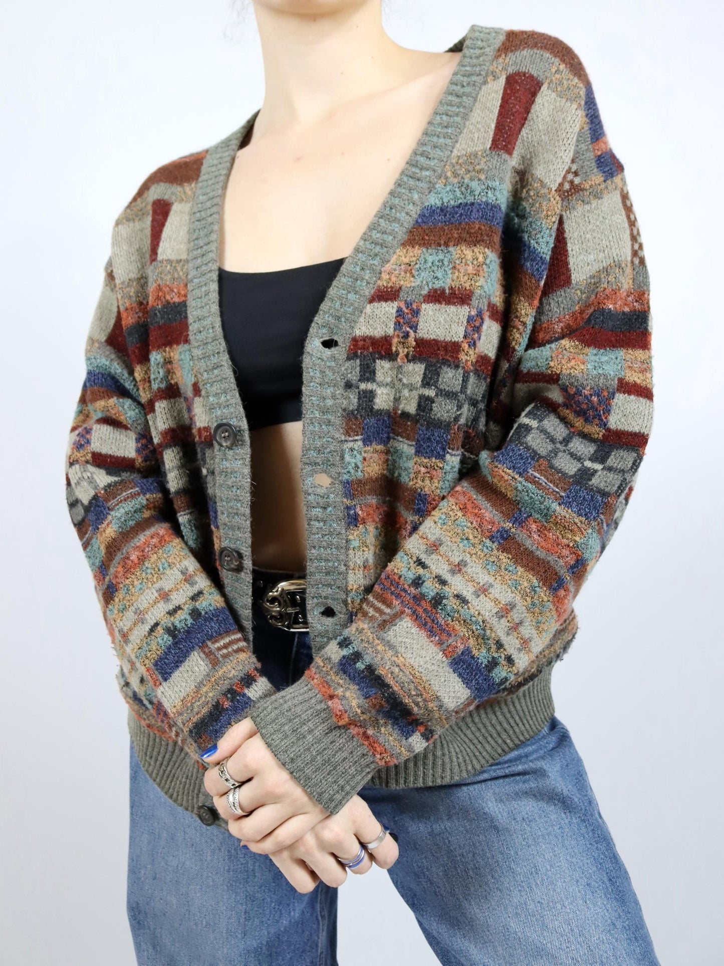 Vintage 80er 90er IL GRANCHIO Cardigan Strickjacke gemustert Mohair Wolle Alpaca XL