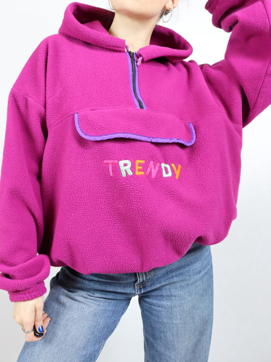Vintage 80er 90er TRENDY Fleecepullover Hoodie pink Stickerei XL