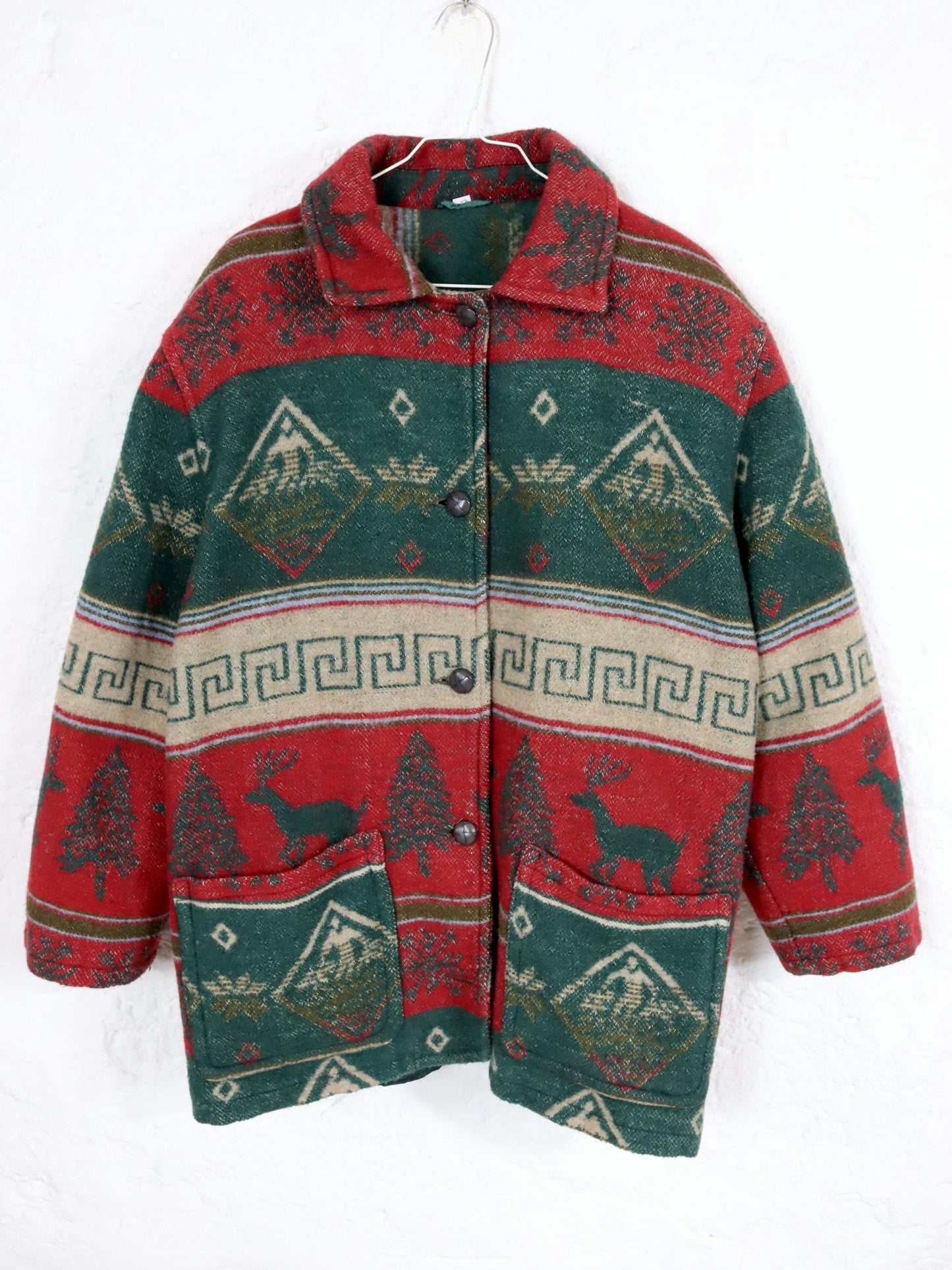 Vintage 80s 90s wool coat Navajo green red shoulder pads 42