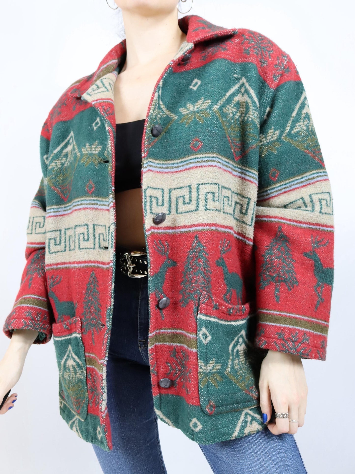 Vintage 80s 90s wool coat Navajo green red shoulder pads 42