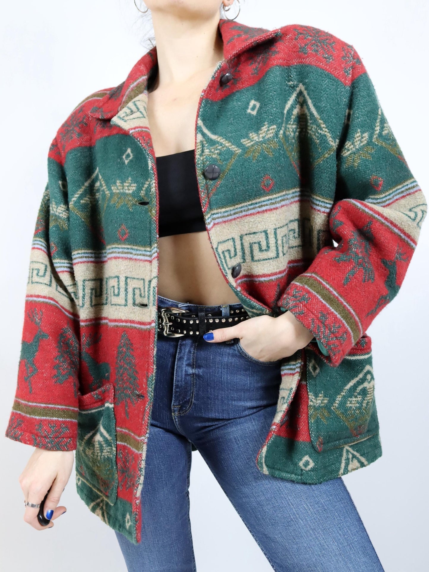 Vintage 80s 90s wool coat Navajo green red shoulder pads 42