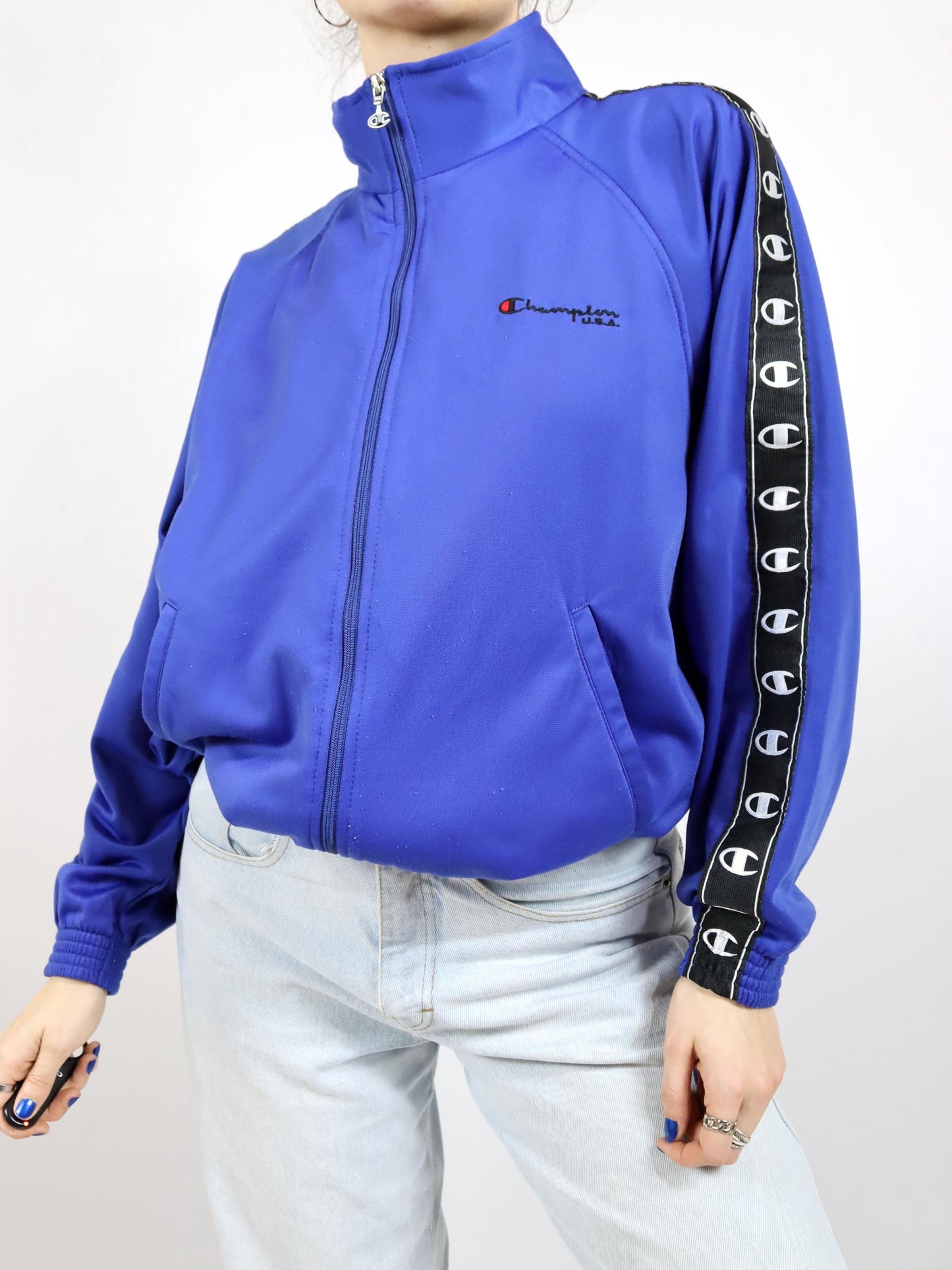 Vintage 80s 90s CHAMPION tracksuit jacket stand-up collar blue S
