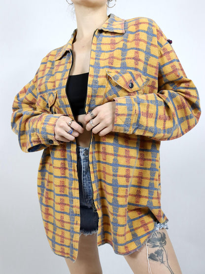 Vintage 80s 90s REPLAY shirt long sleeve checked yellow zipper XL