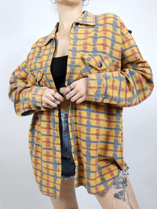 Vintage 80s 90s REPLAY shirt long sleeve checked yellow zipper XL