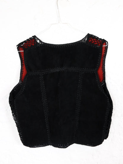 Vintage 80er 90er Wildlederweste Weste gehäkelt schwarz rot S/M