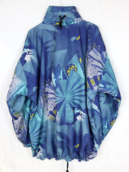 Vintage 80s 90s ODLO windbreaker jacket crazy pattern blue double layer L