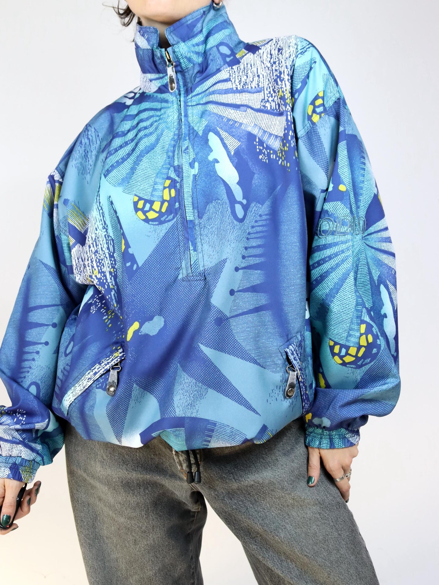 Vintage 80s 90s ODLO windbreaker jacket crazy pattern blue double layer L