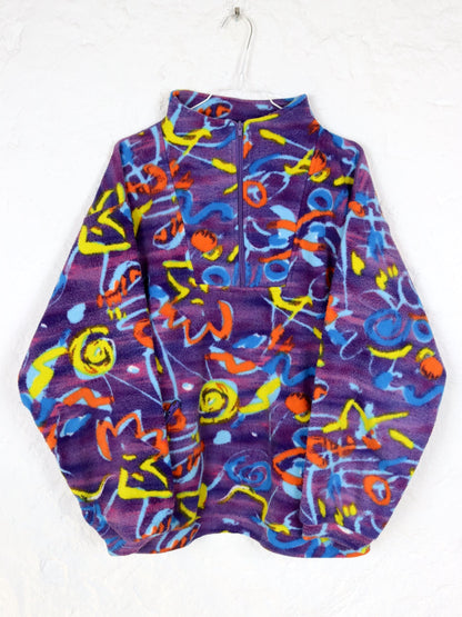 Vintage 80er 90er SPORTSWEAR Pullover Fleecepullover bunt crazy pattern Stehlragen L