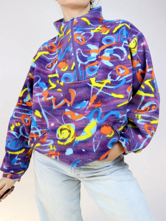 Vintage 80er 90er SPORTSWEAR Pullover Fleecepullover bunt crazy pattern Stehlragen L