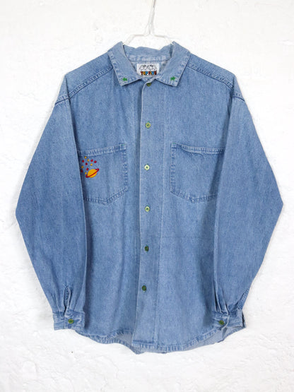 Vintage 80s 90s TOP FIVE denim shirt light blue embroidery planet stars S
