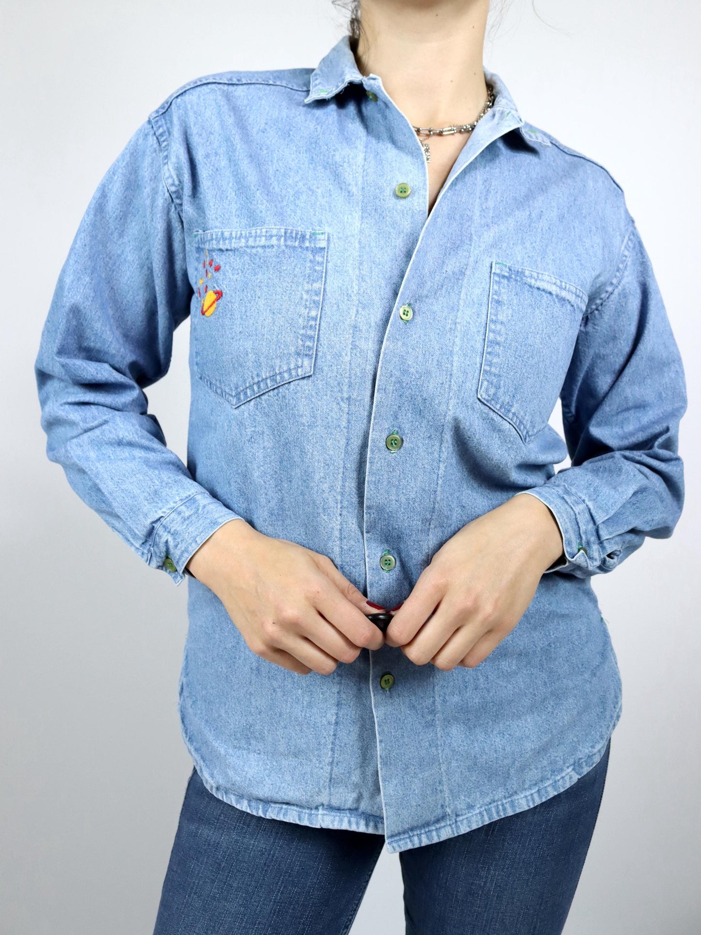Vintage 80s 90s TOP FIVE denim shirt light blue embroidery planet stars S