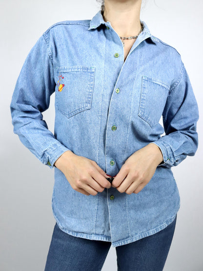 Vintage 80s 90s TOP FIVE denim shirt light blue embroidery planet stars S