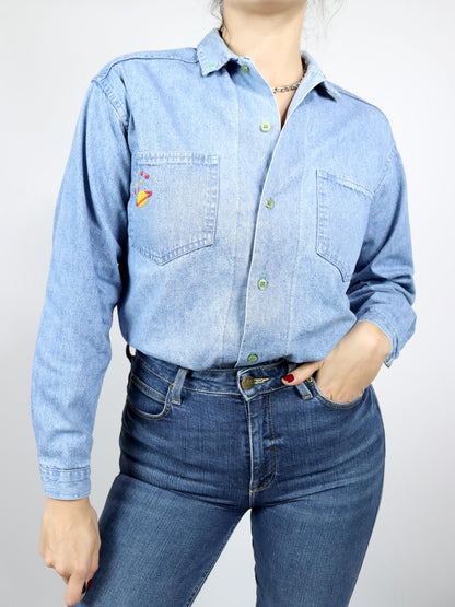Vintage 80s 90s TOP FIVE denim shirt light blue embroidery planet stars S