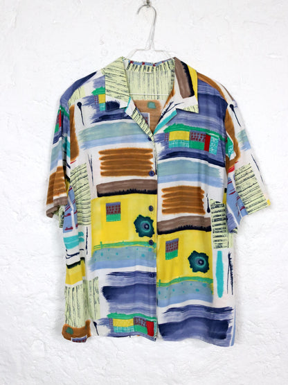 Vintage 80s 90s blouse short sleeve crazy pattern colorful shoulder pads 46 XL