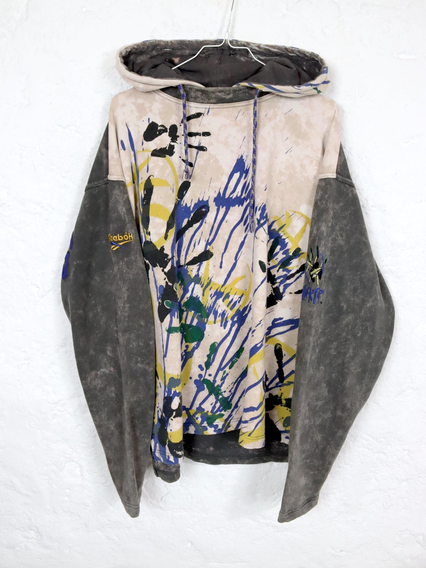 Vintage 80er 90er REEBOK BLACKTOP Hoodie Pullover crazy pattern Batik blau gelb grau M