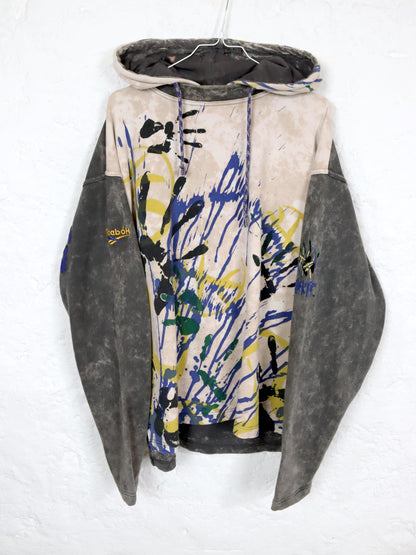 Vintage 80er 90er REEBOK BLACKTOP Hoodie Pullover crazy pattern Batik blau gelb grau M