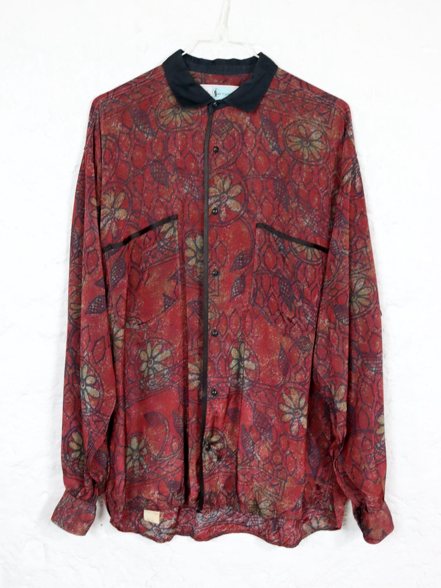 Vintage 80er 90er MR. CIRCUS Bluse Hemd langarm glänzend crazy pattern Viskose rot schwarz M