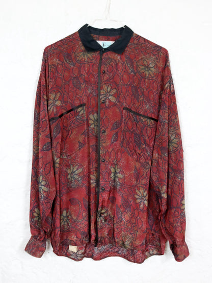 Vintage 80er 90er MR. CIRCUS Bluse Hemd langarm glänzend crazy pattern Viskose rot schwarz M
